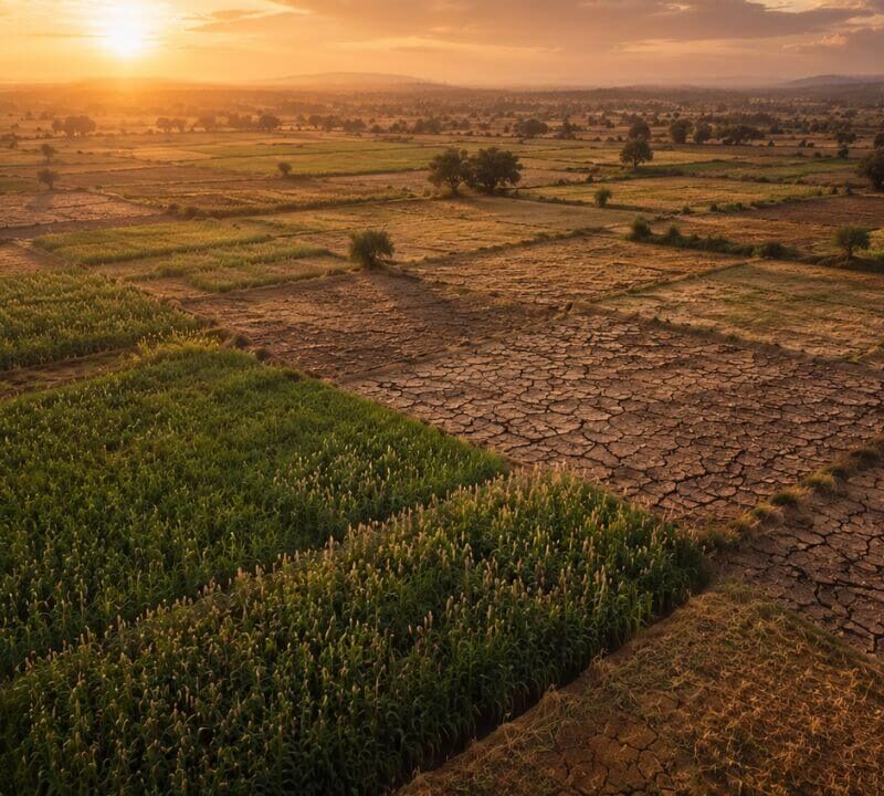 Aerial view of patchwork Indian farmlands at dusk, with some plots cracked and dry alongside lush green millet fields, illustrating climate change and agricultural resilience in India