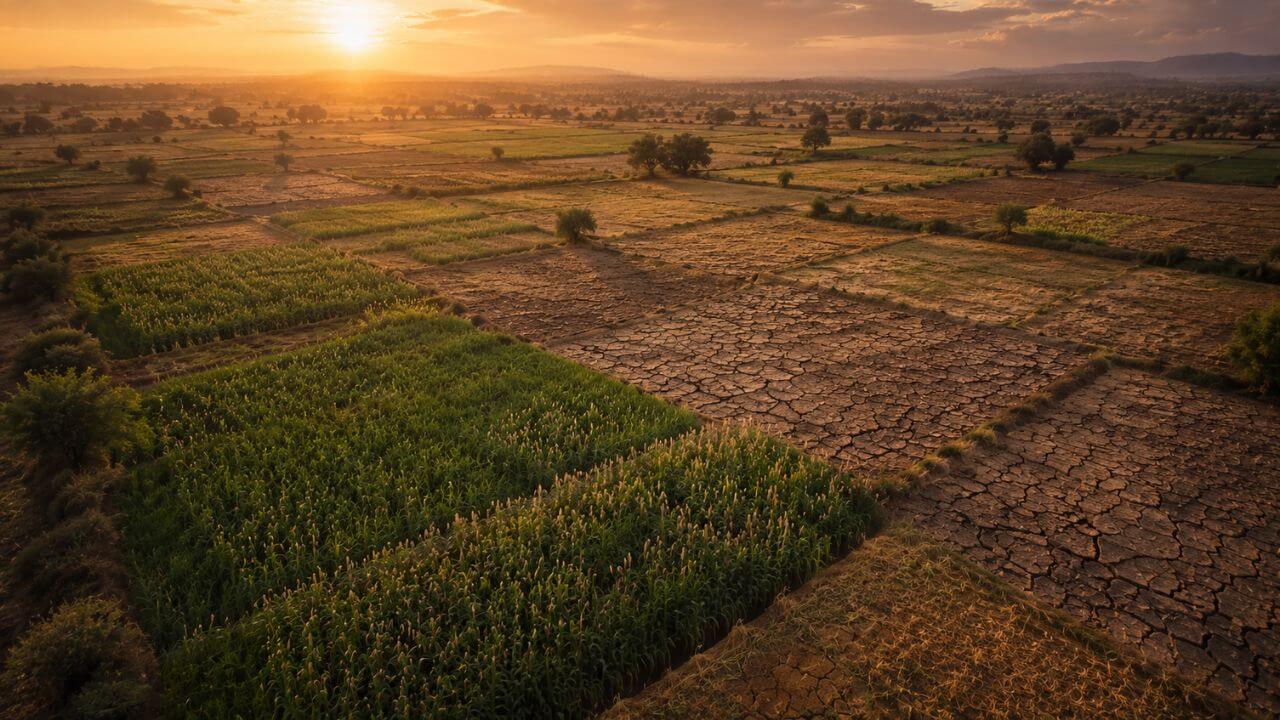 Aerial view of patchwork Indian farmlands at dusk, with some plots cracked and dry alongside lush green millet fields, illustrating climate change and agricultural resilience in India